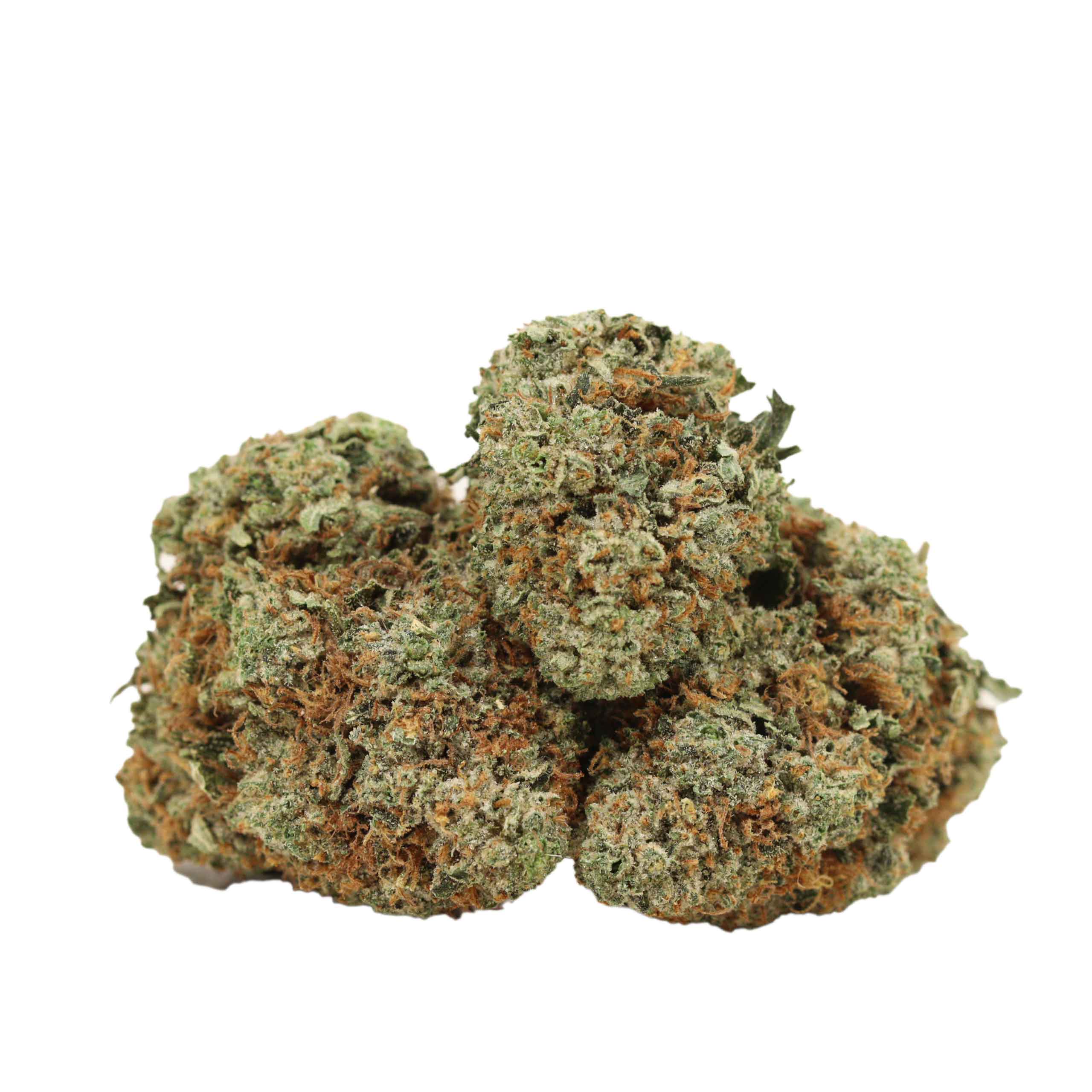 Cluster of Blue Dream cannabis buds with orange pistils on white
