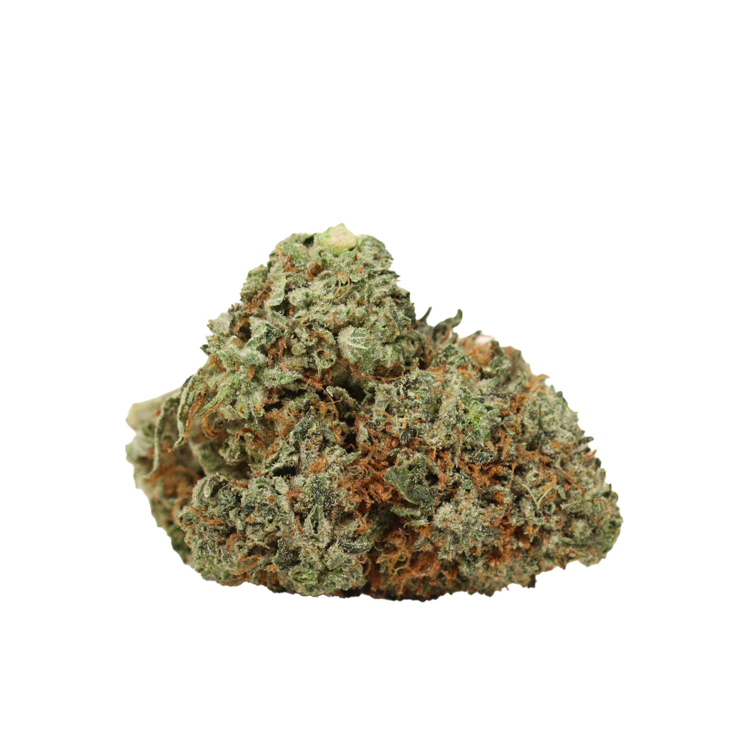 Blue Dream cannabis bud cluster shown from the side on white